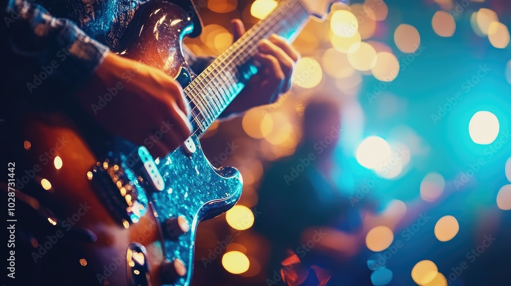 Fototapeta premium Guitar Performance with Colorful Bokeh Background