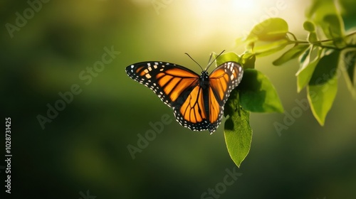 Monarch Butterfly on Green Leaf with Sunlit Background