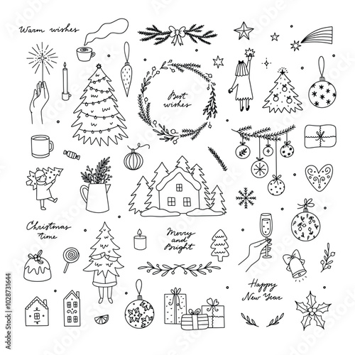 Christmas vector set. Christmas doodle clipart. Winter holidays illustration