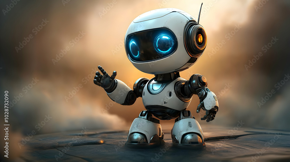 A cute, futuristic robot with glowing eyes in a dramatic setting. A cute, futuristic robot with glowing eyes in a dramatic setting.