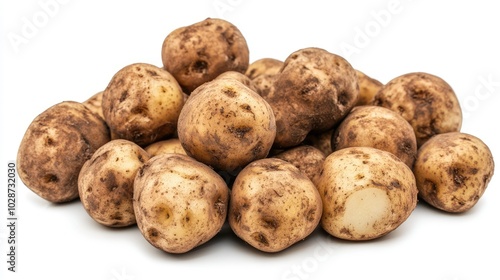 Fresh Raw Potatoes Piled on White Background