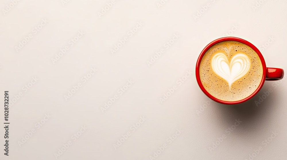 Cozy Red Cup with Heart Latte Art on Neutral Background Cozy Red Cup with Heart Latte Art on Neutral Background