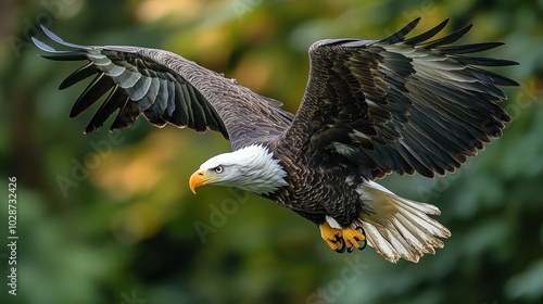 The American Bald Eagle has a white head and a yellow bill