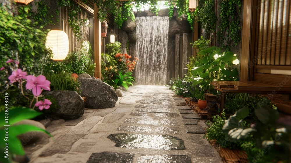 Tranquil Garden Path with Waterfall and Lush Foliage Tranquil Garden Path with Waterfall and Lush Foliage