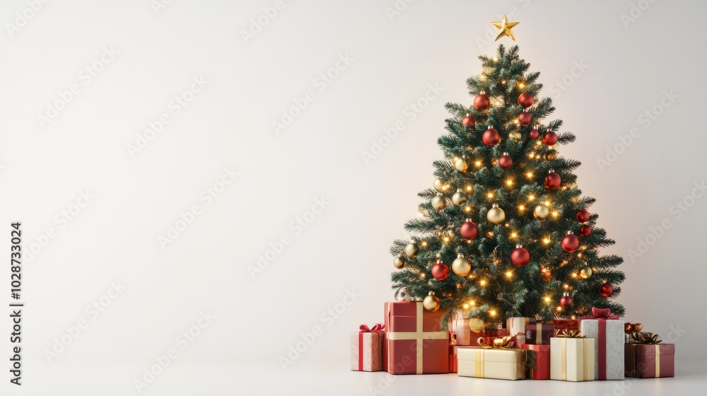 christmas tre with lights, ornaments and gifts christmas tre with lights, ornaments and gifts