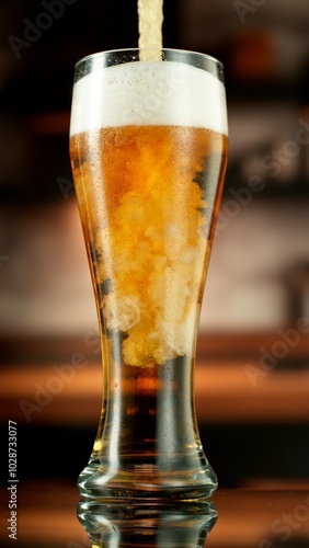 Close-up of beer pouring into pint , freeze motion. photo