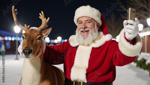 Smiling Santa Claus takes a selfie with reindeers photo