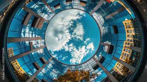 Curved Glass Reflecting Sky and Buildings in a Cityscape