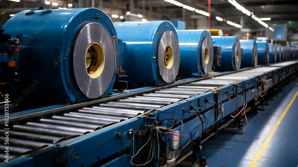 Industrial conveyor system transporting large rolls of metal sheet material Industrial conveyor system transporting large rolls of metal sheet material