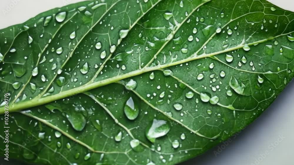 A close-up of a green leaf with water droplets on it, taken on a bright day A close-up of a green leaf with water droplets on it, taken on a bright day