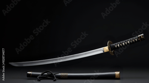 Wallpaper Mural A traditional Japanese katana featuring a curved, single-edged blade and an intricately detailed tsuba, showcasing the craftsmanship and elegance of Japanese sword-making. Torontodigital.ca