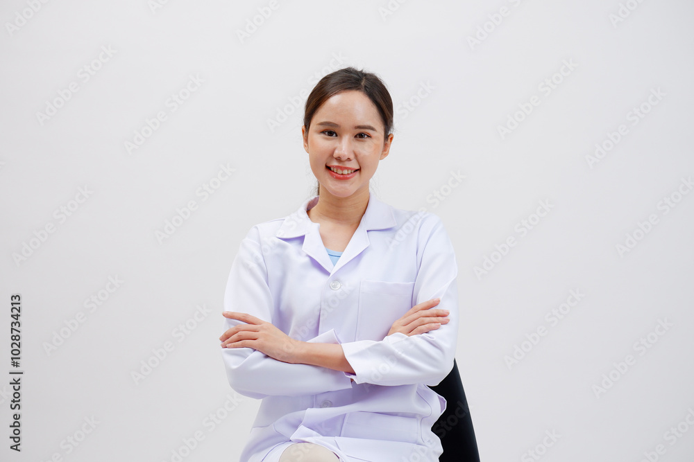Asian female doctor smiling on white background. Asian female doctor smiling on white background.