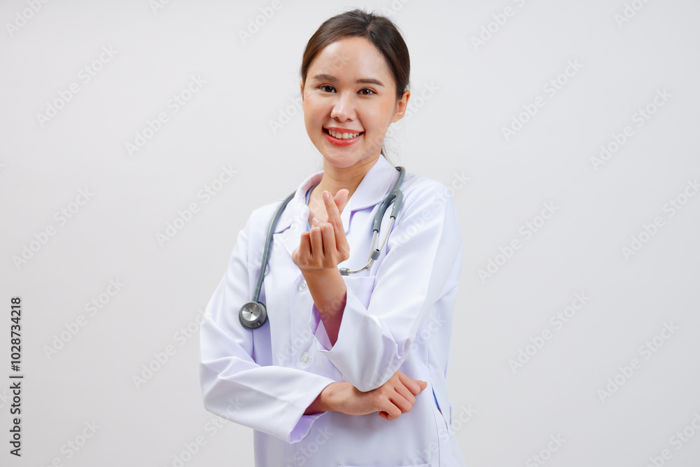 Smiling Asian female doctor puts a stethoscope on her shoulder. Wearing a white lab coat standing holding a note board on gray background. Smiling Asian female doctor puts a stethoscope on her shoulder. Wearing a white lab coat standing holding a note board on gray background.