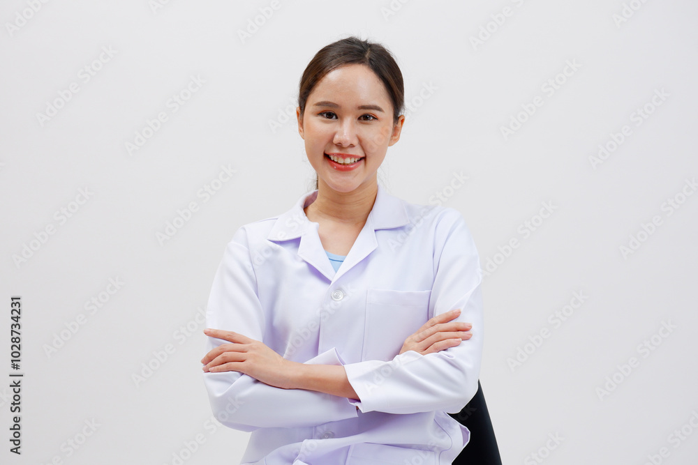 Asian female doctor smiling on white background. Asian female doctor smiling on white background.