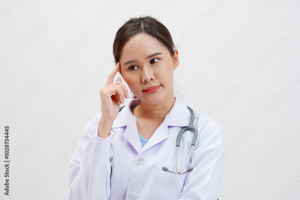 Asian female doctor in white lab coat thinking. Asian female doctor in white lab coat thinking.