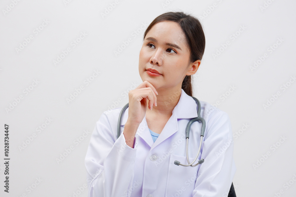 Asian female doctor in white lab coat thinking. Asian female doctor in white lab coat thinking.