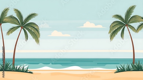 Two palm trees on a beach with blue ocean and sky.