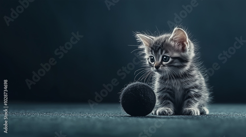 gray kitten playing with black ball of wool photo