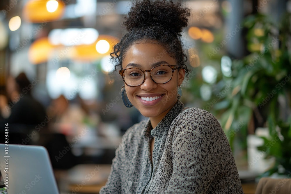 Female entrepreneur having an online meeting in a coworking space, Generative AI Female entrepreneur having an online meeting in a coworking space, Generative AI