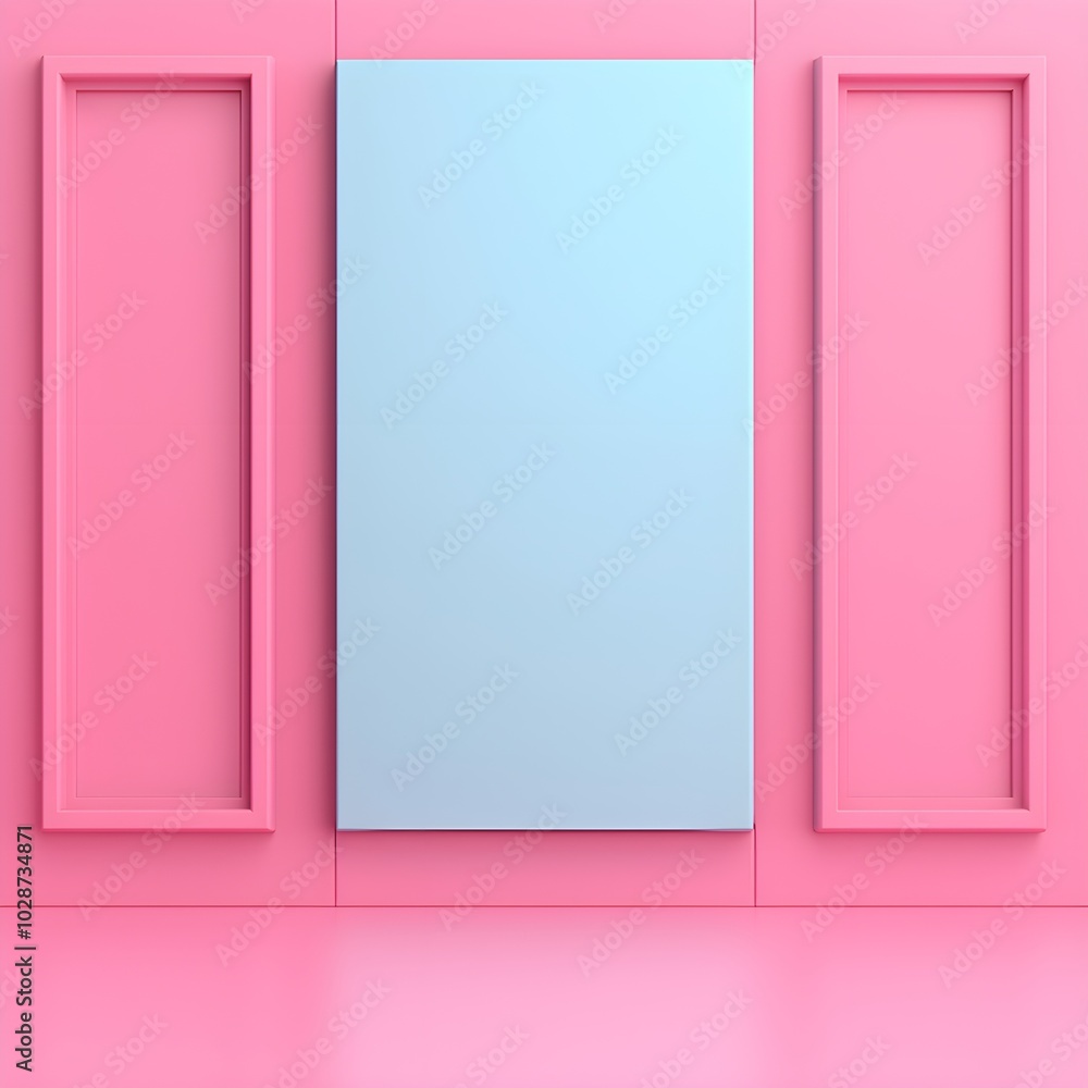Minimalist pink wall with empty frames and canvas Minimalist pink wall with empty frames and canvas