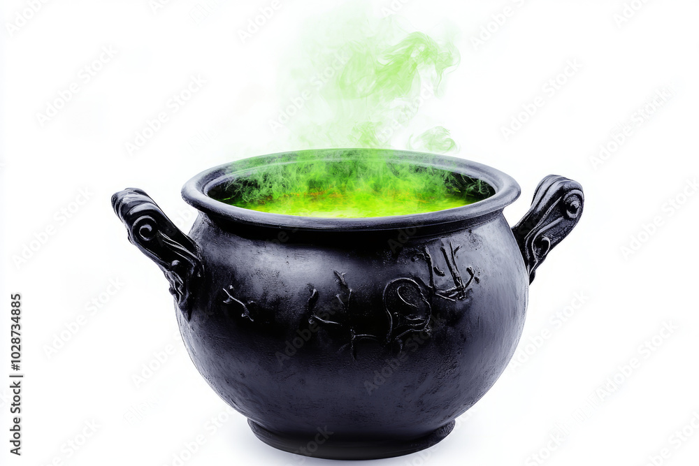 Halloween black cauldron with green smoke on a white background, Halloween black cauldron with green smoke on a white background,
