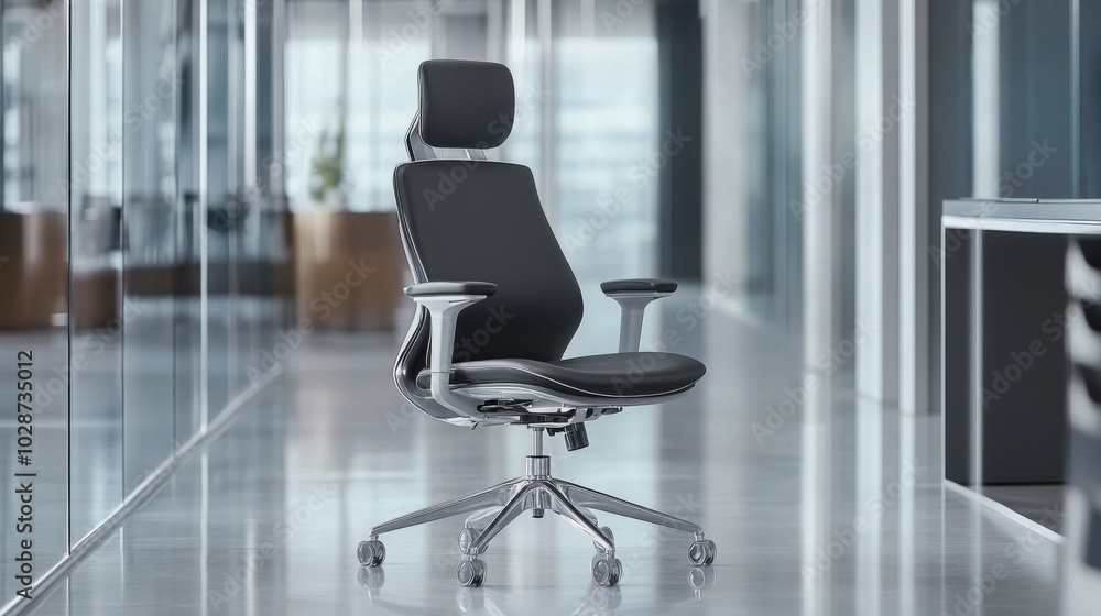 Modern black office chair with adjustable headrest and armrests, on a white polished floor, in an office corridor with glass walls. Modern black office chair with adjustable headrest and armrests, on a white polished floor, in an office corridor with glass walls.