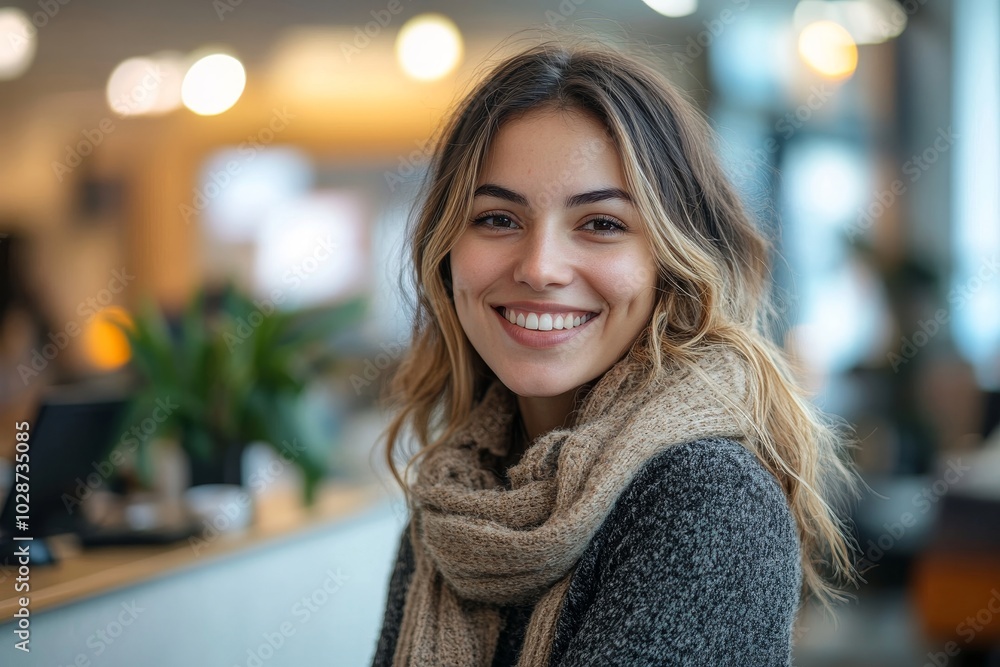 Smiling woman working municipality office reception, Generative AI Smiling woman working municipality office reception, Generative AI
