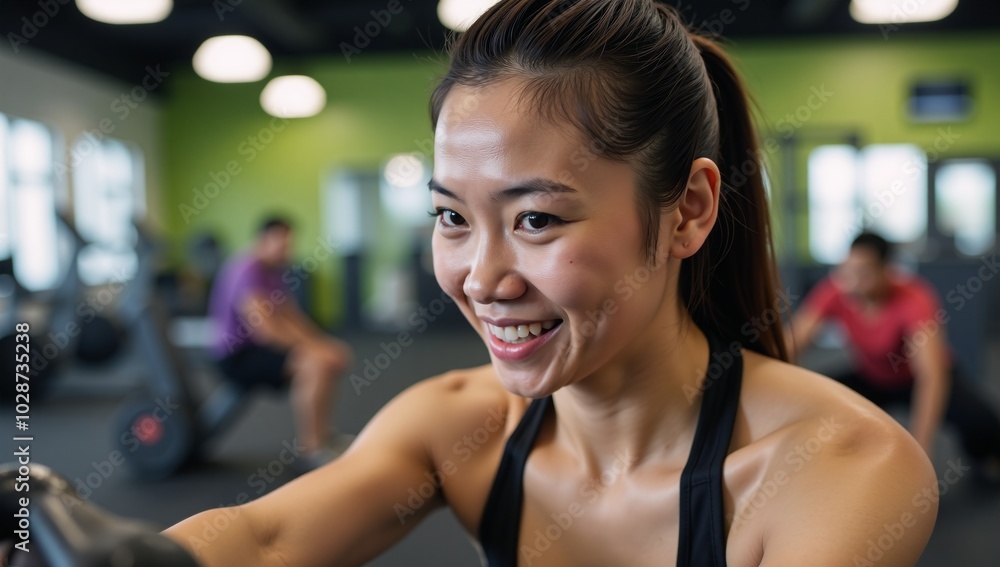 Young Japanese female engaged in fitness within gym setting perspiring and unaware of camera Young Japanese female engaged in fitness within gym setting perspiring and unaware of camera