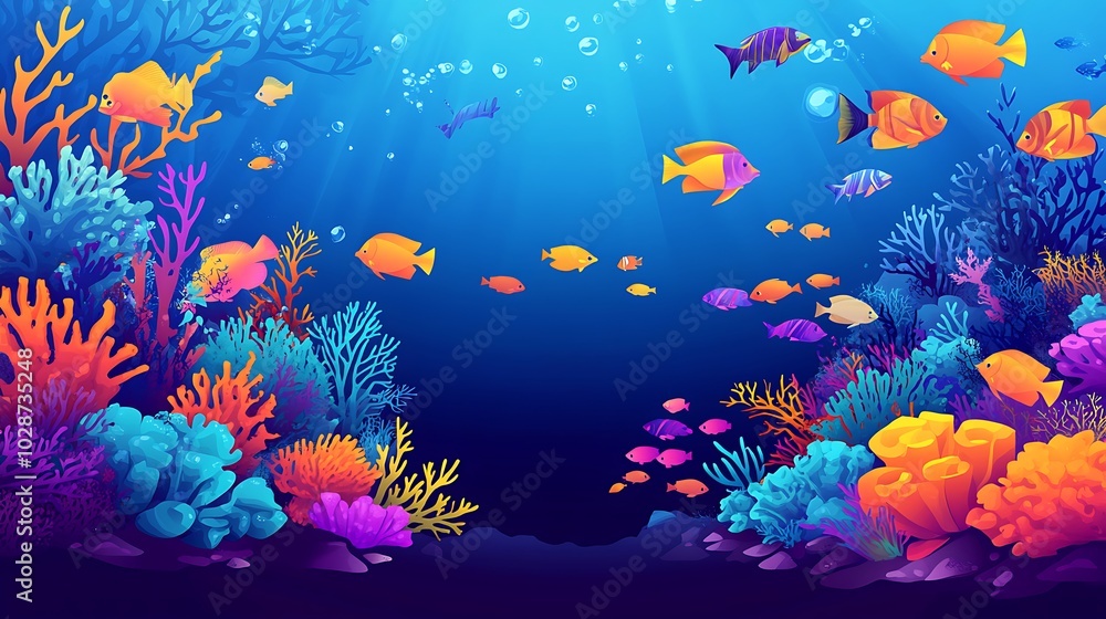 Naklejka premium Vibrant underwater scene with colorful coral reefs and fish swimming in the blue ocean.