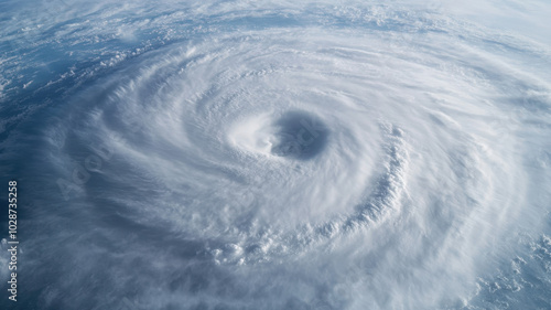 Aerial view of a powerful hurricane swirling over the ocean, showcasing intricate cloud patterns and a definitive eye in the center