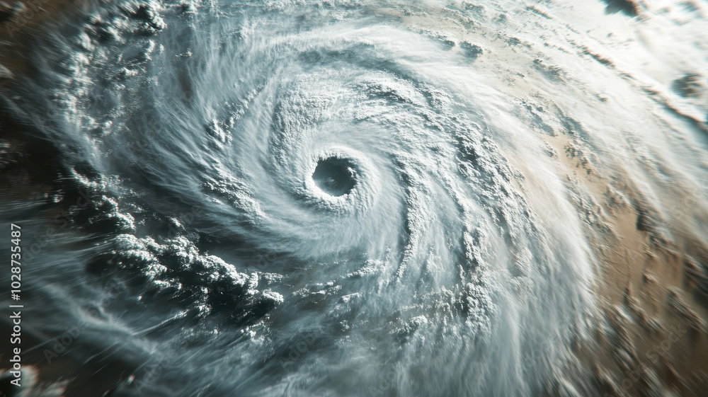 Aerial view of a powerful hurricane swirling over ocean waters ...