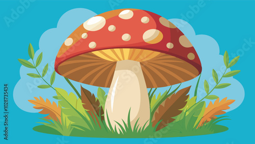 A vibrant scene with a red-capped mushroom in a green field, brown leaves, blue sky, and white clouds, creating a fresh and harmonious atmosphere. 