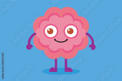 A smiling pink brain character with blue limbs and brown eyes stands on a blue surface in a simple and vibrant setting.