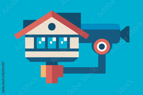   A stylized security camera integrates house elements, set in blue and red tones. The design combines home and security themes, with a mute function indicated by a red section.