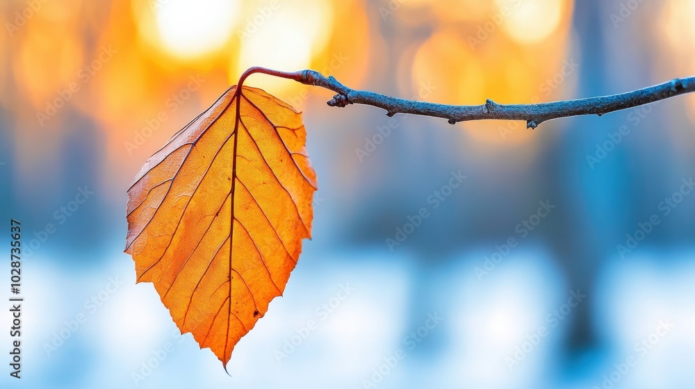 Obraz premium Golden autumn leaf hanging delicately from a branch against a blurred sunset backdrop, AI
