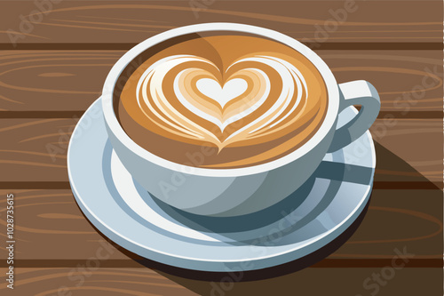 A white cup of coffee with heart-shaped milk foam art sits on a white saucer on a warm wooden table, creating a cozy atmosphere.