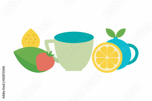 A serene digital drawing shows a green tea cup and pot, lemon, strawberry, and leaves on a white background, exuding calmness and simplicity.