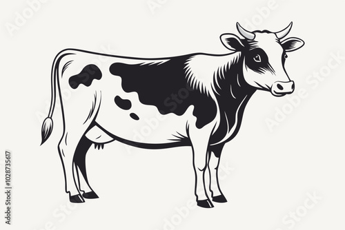 A serene black and white illustration of a cow with small horns, spotted pattern, and stable stance, set in a simple background.