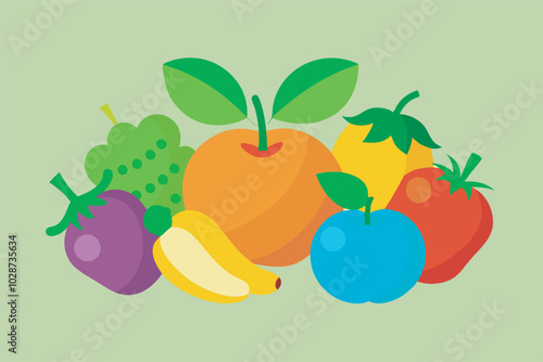 Illustration of colorful fruits and veggies on green background: apples, oranges, bananas, strawberries, tomatoes. Vibrant, fresh, and lively scene.