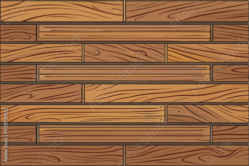 Depicting a brown wood surface with a variety of wood textures in two rows of planks. The textures range from light to dark brown and include stripes and lines,