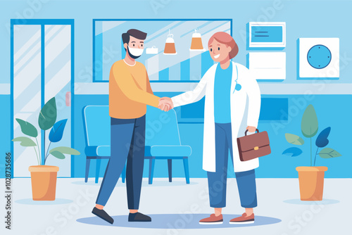 In a medical office, a female doctor shakes hands with a male patient, both holding briefcases. The setting includes furniture, plants, a clock, and a window, fostering a friendly  