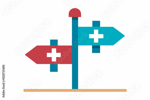 Traffic signpost with red and green arrows in opposite directions. White background, blue borders, beige post. Clear, simple design within white frame.