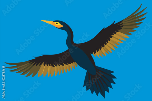 A black double-crested cormorant flies with yellow accents under its wings and around its beak. Yellow eyes stand out against a black head and neck, and dark brown wings contrast with lighter edges.