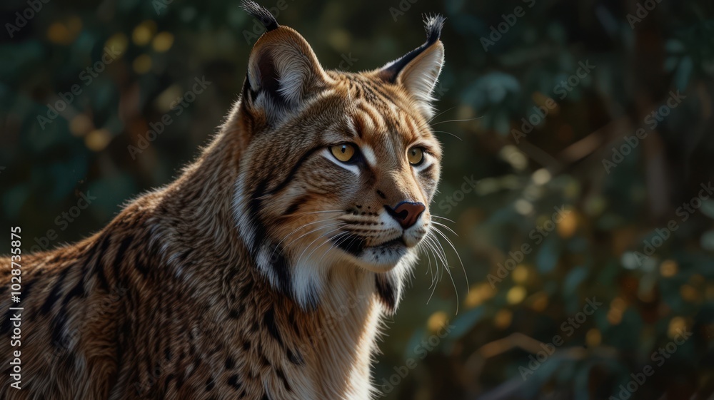 Fototapeta premium a lynx, its eyes gleaming with an intensity that belies its solitary nature. The fur patterned with spots, blends seamlessly with the dappled sunlight filtering through the forest canopy.