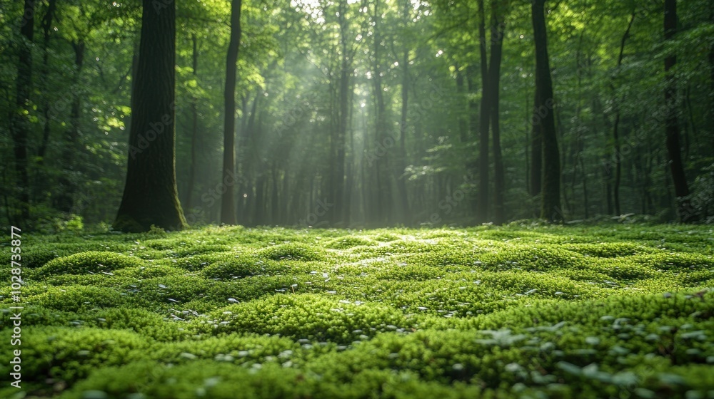 Beautiful and peaceful forest with green moss covering the forest floor Beautiful and peaceful forest with green moss covering the forest floor