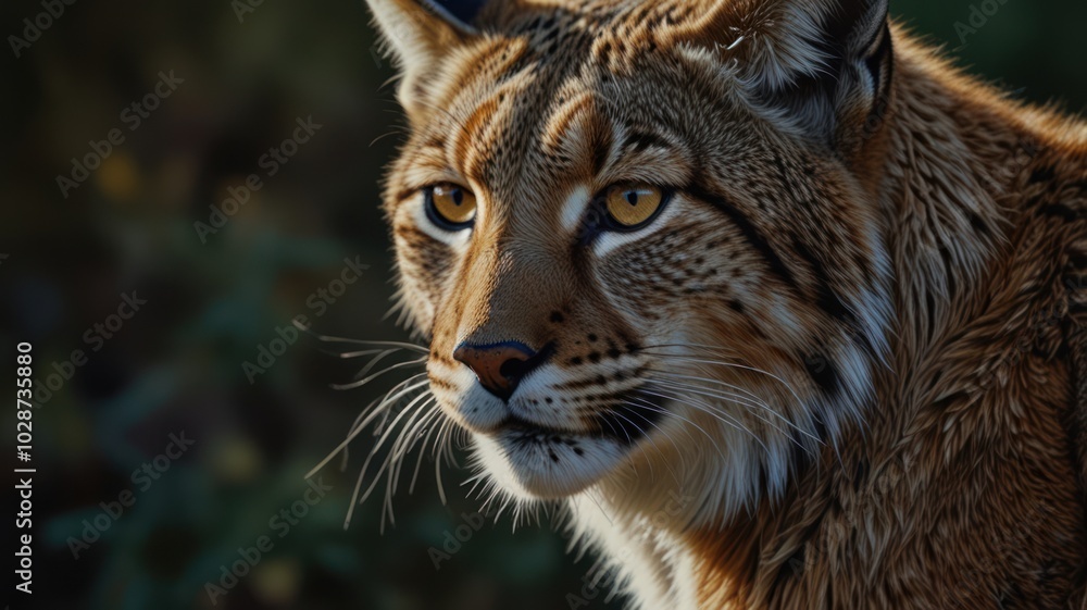 Fototapeta premium a lynx, its eyes gleaming with an intensity that belies its solitary nature. The fur patterned with spots, blends seamlessly with the dappled sunlight filtering through the forest canopy.