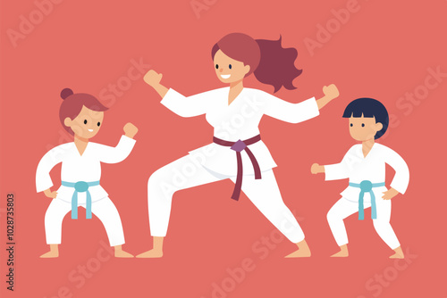 Woman in white kimono with kids in fighting stances, showing energy and unity in martial arts practice.