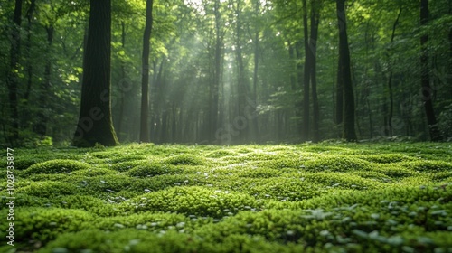 Beautiful and peaceful forest with green moss covering the forest floor