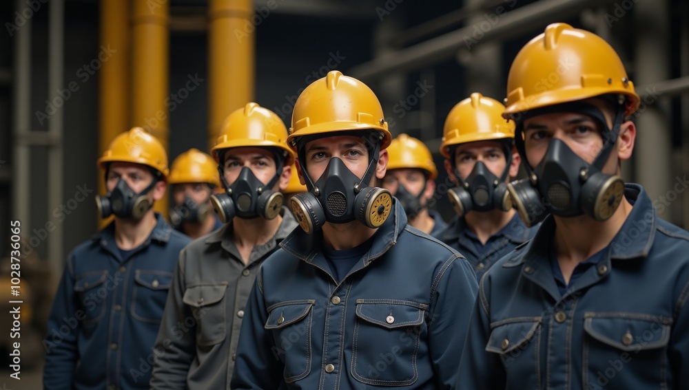 Workers wear respirators for protection during hazardous work Workers wear respirators for protection during hazardous work