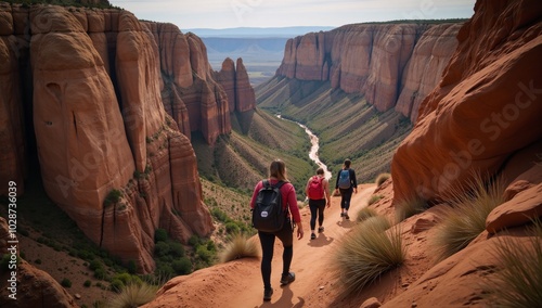 Friends are depicted on a canyon hike amidst rugged terrain admiring tall rock formations